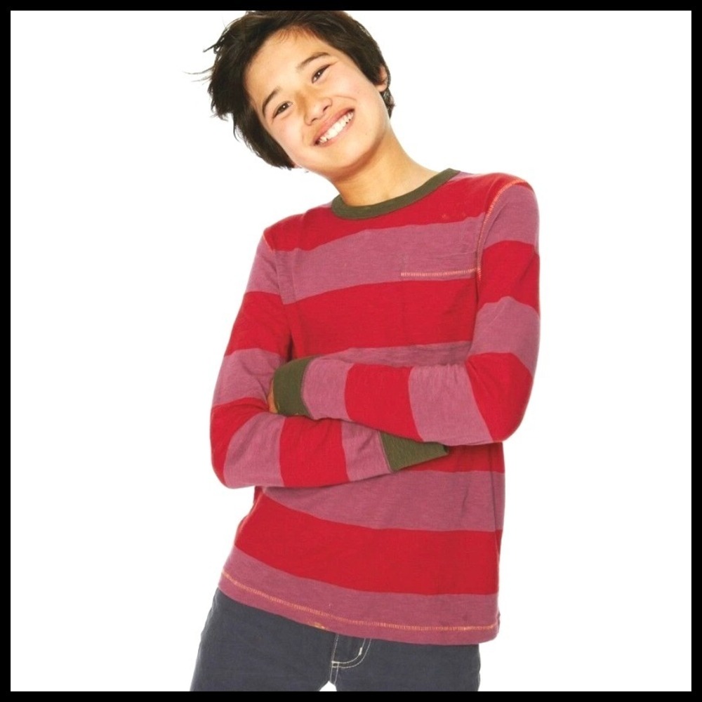 Johnnie B Boden Red Pink Stripe Cotton Long Sleeve Pocket Shirt Top Unisex 11-12
